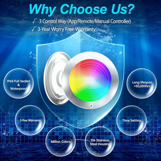 54W 10Inch LED Pool Lights for Inground Pool with 3 Way to Control (App/Remote/Manual Controller), Multicolor Changing Underwater Swimming Pool Light for 10" Large Wet Niches - 100FT
