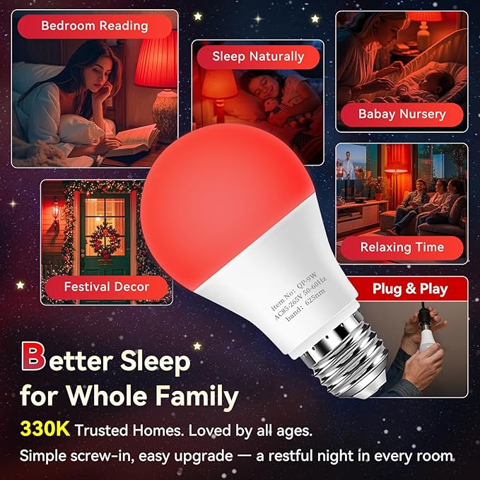 Neporal 625nm Red Light Bulbs for Sleep 3W, 100% Blue Light Blocking Light Bulbs for Melatonin Promoting, A19 LED 40W Equivalent Dim Red Night Light Bulb for Baby Nursery, Sleeping, Reading, 3-Pack