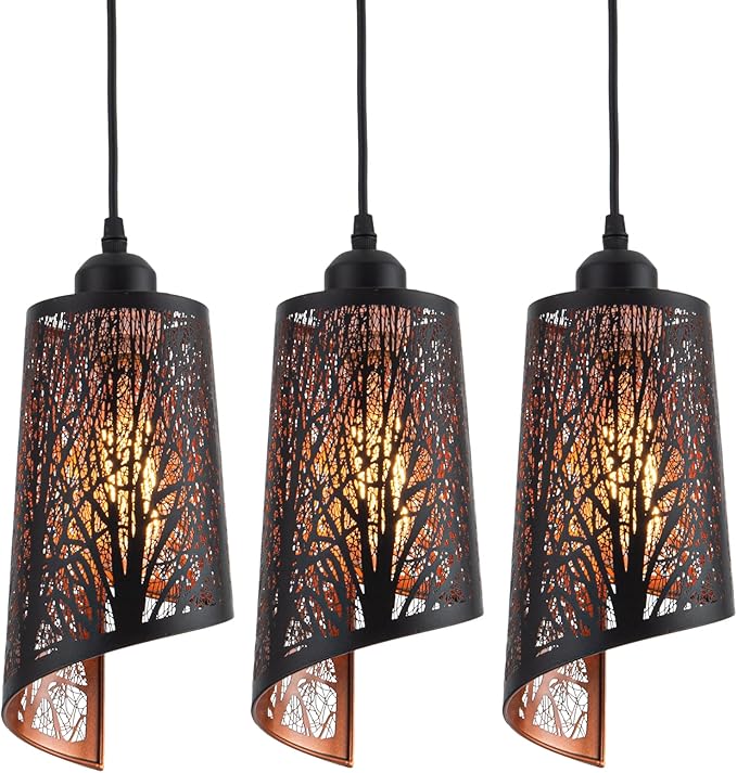 Industrial Black Pendant Light Fixture Vintage Mini Black Pendant Lighting with Gold Finish Rustic Hollow-Carved Small Pendant Light for Kitchen Island, Dining Room, Bedroom, 3 Pack