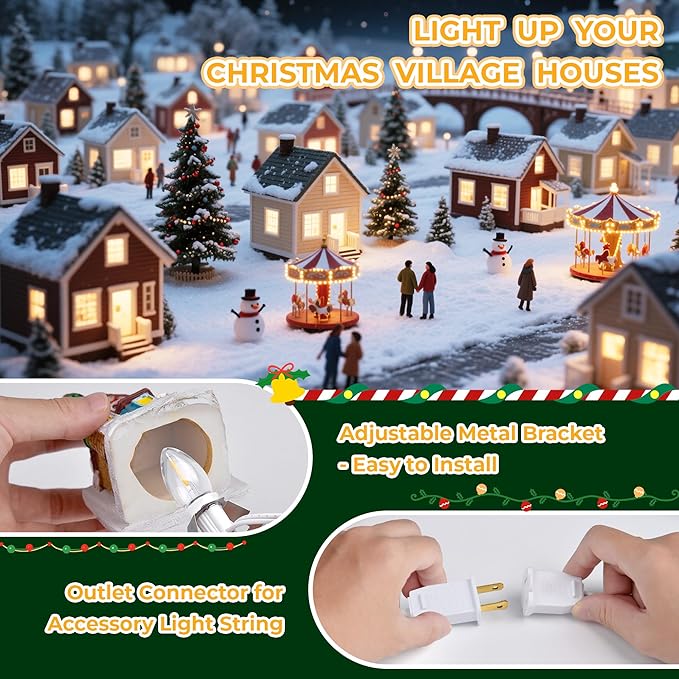2Pack Christmas Village Lights with 12LED Light Bulbs and Outlet 11.6FT Light Cord with Spare Fuse Warm White C7 Lamp Villages Houses Lights for Halloween Pumpkins Christmas Village Houses Craft Decor