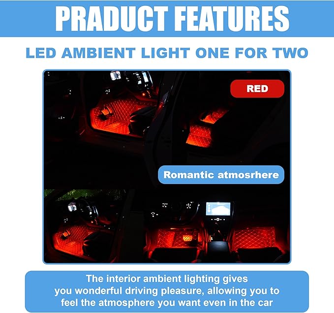 Car LED Strip Light, 24 LED RGB Neon Auto Interior Atmosphere Lights, 12V Cigarette Lighter Under Dash Ambient Night Light, Auto Decorative Lamp Accessory for Car Truck (Red, Cigar Lighter)