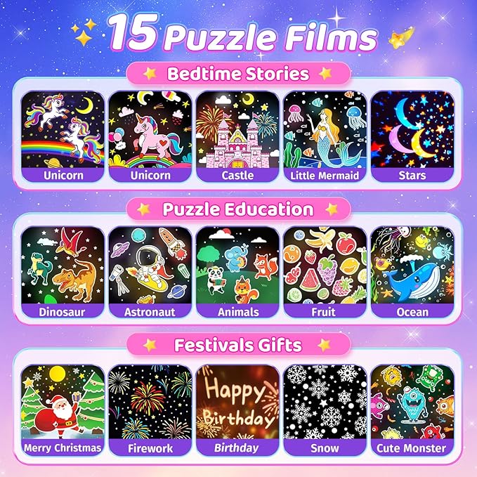 One Fire Night Light Projector for Kids,315 Lighting+15 Films+15 Music Sound Machine Baby, 360°Rotate+Remote+Dimmable Ceiling Star Projector for Kids Room Decor,Unicorn Toys Birthday Gifts for Girls