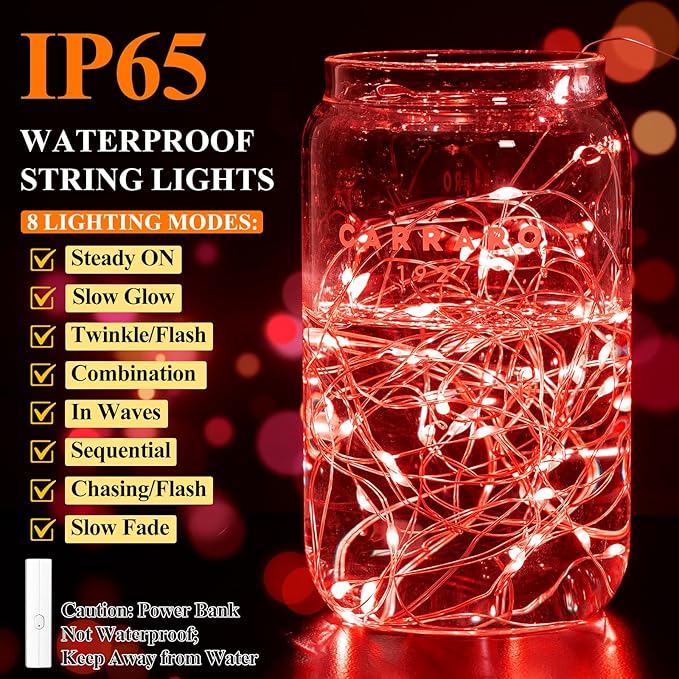 Lakumu Red Fairy Lights Battery Operated, Rechargeable LED String Lights with Timer, Mini Twinkle Lights for Bedroom, Christmas, Wedding, Centerpiece Table Decor (5M/16FT Red)