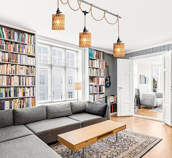 3-Light Hanging Light with Plug in Cord,Plug in Pendant Light 22ft Hemp Rope Pendant Lighting Vintage 3-Light Hanging Lamp Fixtures for Kitchen Island Living Room Bedroom