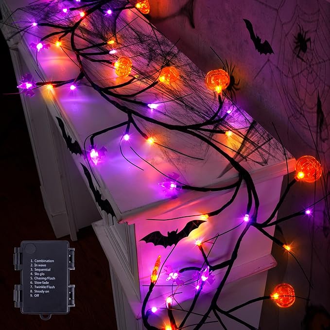 RJZZ 6FT 54LED Halloween Garland with Lights Orange and Purple Halloween Lights with Timer 8 Modes Waterproof Indoor Battery Operated Garland for Mantle, Wall, Fireplace