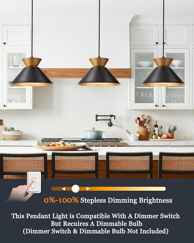 ELYONA Modern Pendant Light Kitchen Island, 10" Solid Wood Hanging Lamp with Matte Black Metal Shade & Gold Inner Finish, Farmhouse Pendant Light Fixtures for Dining Room Bedroom Living Room Hallway