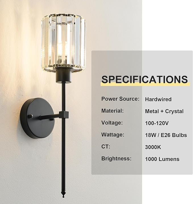 Hardwired Crystal Wall Sconces Set of Two - Dimmable Wall Light Fixtures 3000K, Warm White, for Hallway, Bathroom, Living Room, Bedroom, Black, 20.1 Inch