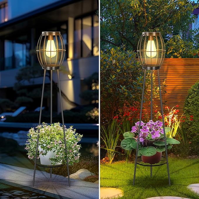 2 Pack Solar Lights Outdoor with Plant Stands, Solar Floor Lamp, Solar Powered Street Light Metal Tripod Deck Lights, Patio Decor for Garden Yard Pathway Driveway Porch