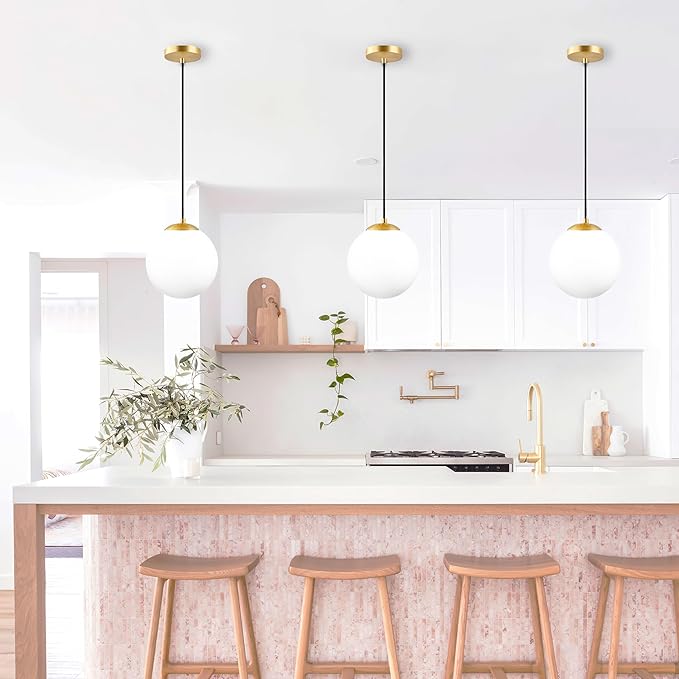 KoKo&Yukina 8 Inch Gold Modern Globe Pendant Light White Glass with Brass Finish Contemporary Mid Century Adjustable Hanging Light Fixture for Living Room Bedroom Bathroom Kitchen (Bulb Incl.)