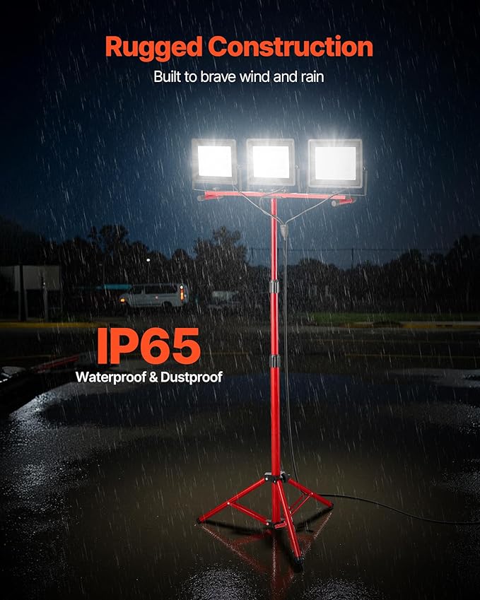 VEVOR LED Work Light with Stand, 21000 Lumens, Three-Head Portable Camping Light with Individual Switch, Tripod Stand, 10.83 ft Power Cord, for Indoor Outdoor Job Site Construction, IP65 Waterproof