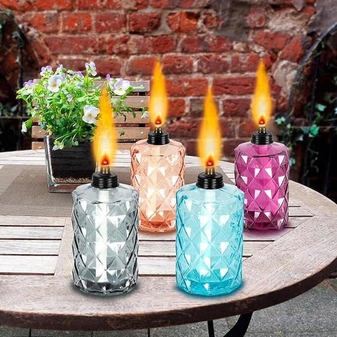 Nonley Glass Table Top Torches, 4 Pack Citronella Torches for Outside, 12oz Flame Light Torch,Refillable, Wick and Cap Included, Landscape Lanterns Torches for Garden Yard Patio Party Decor