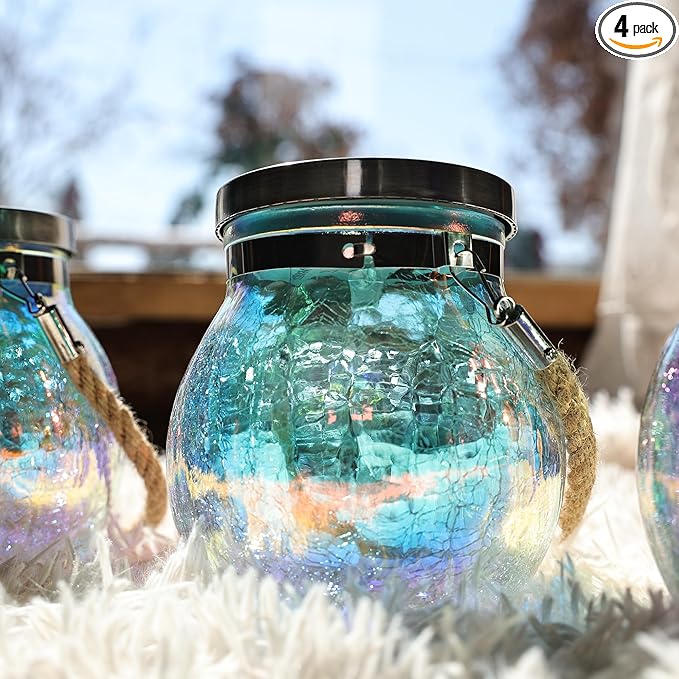 Cooo Christmas Gifts 4 Pack Solar Lanterns Waterproof Outdoor Iridescent Heavy Crackle Glass a Big LED Stainless Steel Lid 215% Solar for Women Mom Grandma Outdoor Table Lamps Garden Backyard Decor