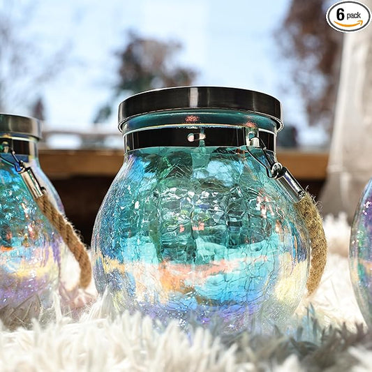 Cooo 6 Pack Gifts for Him Her Solar Lanterns Waterproof Outdoor Iridescent Heavy Crackle Glass LED Stainless Steel Lid for Women Mom Grandma Outdoor Table Lamps Garden Backyard Decor