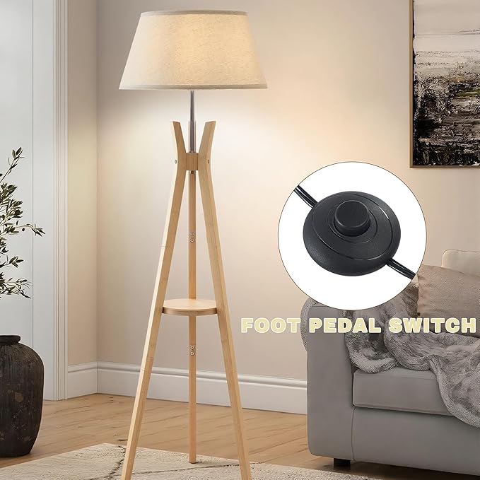 Floor Lamp with Shelf Table, Mid-Century Modern Corner Floor Lamp with Beige Linen Shade, Tall Standing Lamp with Bamboo Tripod Frame, E26 Base for Living Room Bedroom Office