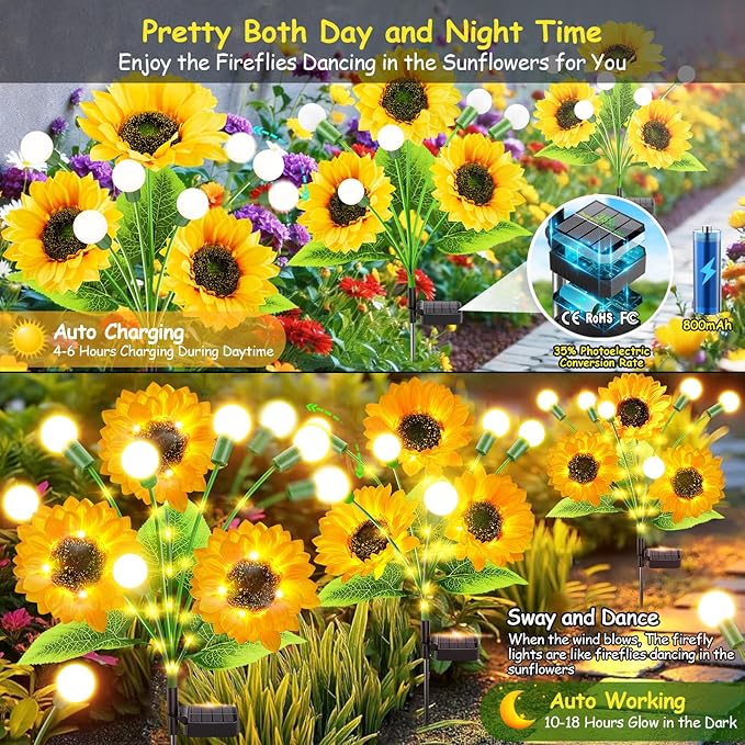 Garpar Garden Lights Solar Powered, Upgraded 4 Pack Bigger Solar Sunflowers with Swaying Firefly Lights, Brighter Waterproof Solar Yard Lights for Outdoor Garden Pathway Patio Lawn Backyard, Gift