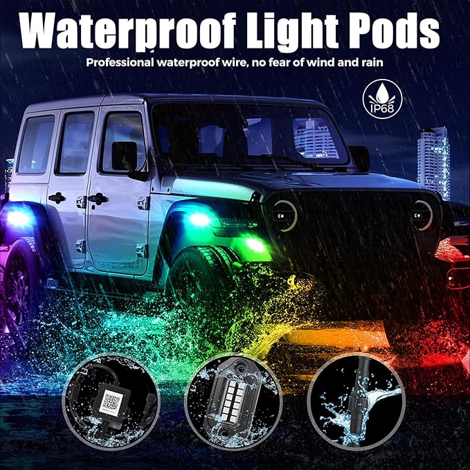 RGB LED Rock Lights Kit, 8 pods Multicolor Neon Light with Bluetooth App/Remote Control Flashing Music Mode, Aluminum Metal, IP68 Waterproof, 12v for Truck ATV UTV SUV