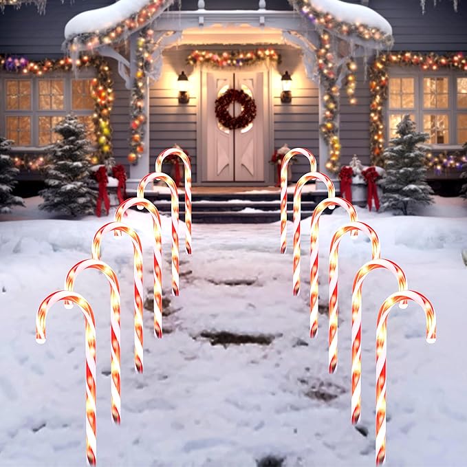 Joiedomi 12 Pcs Christmas Candy Cane Pathway Markers Lights, 12” Stakes Lights, Outdoor Decorations for Holiday Xmas Indoor Yard Patio Garden Walkway