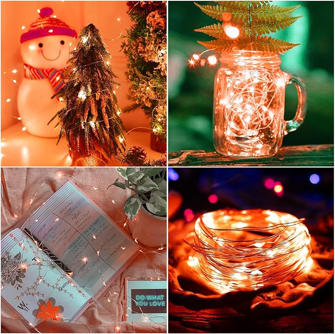 YAOZHOU Thanksgiving Fall Decorations Orange Fairy String Lights Indoor, Battery Operated Powered with Timer, 2 Pack Total 33FT 100 Led Mini Mason Jar Waterproof Firefly Halloween Lights DIY Party