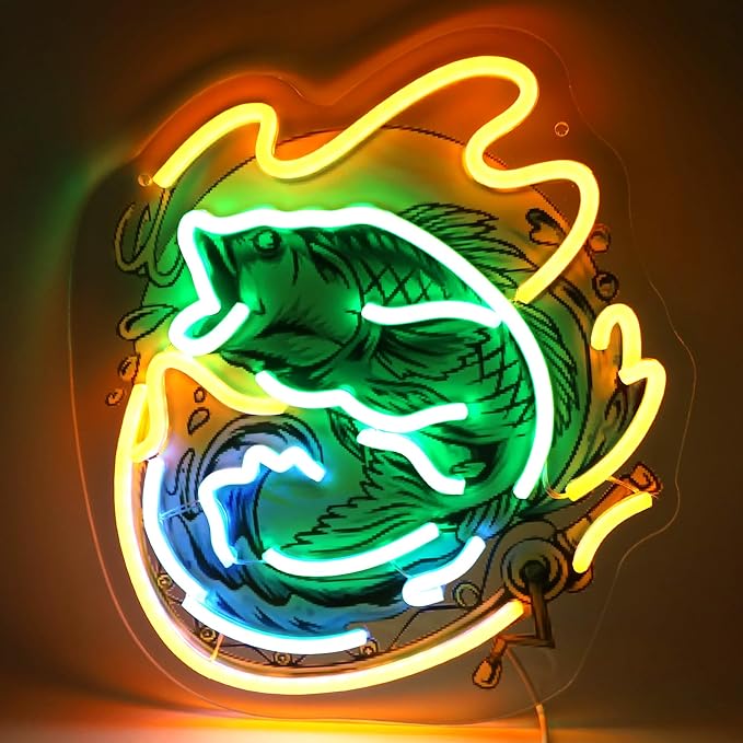 Fishing Neon Sign with Printed Backboard, LED Neon Light for Fisherman Decor, Bass Fish Wall Art for Man Cave, Garage, Bar & Game Room,Fisher Gifts