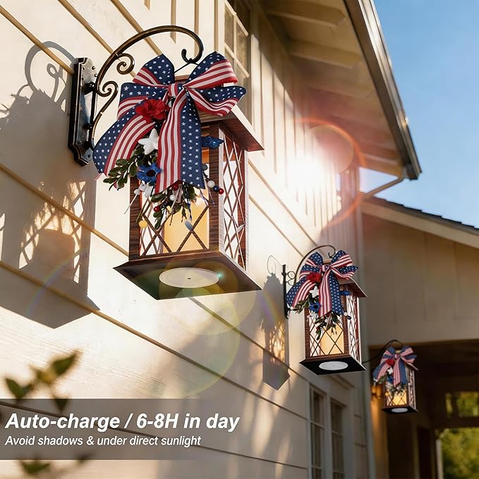 4th of July Solar Lanterns Outdoor Waterproof, Patriotic Hanging Lantern with Flickering LED Candle, 13" Independence Day Lanterns Decorations for Patio Porch Garden Yard Pathway, 1 Pack