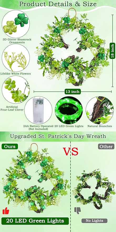 St Patricks Day Decorations St Patricks Day Wreaths for Front Door, Shamrock Wreath with 20 Green Lights Timer Clover Flower 18 Inch Artificial Spring Wreath St Patricks Day Decor for Home Wall Window