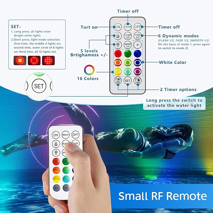 2PCS Ultra-Bright Rechargeable Submersible LED Pool Lights – IP68 Waterproof, 16 Colors, 6 Modes, RF Remote, Magnetic Base & Glue Mount –for Pools, Ponds, Hot Tubs & Fountains