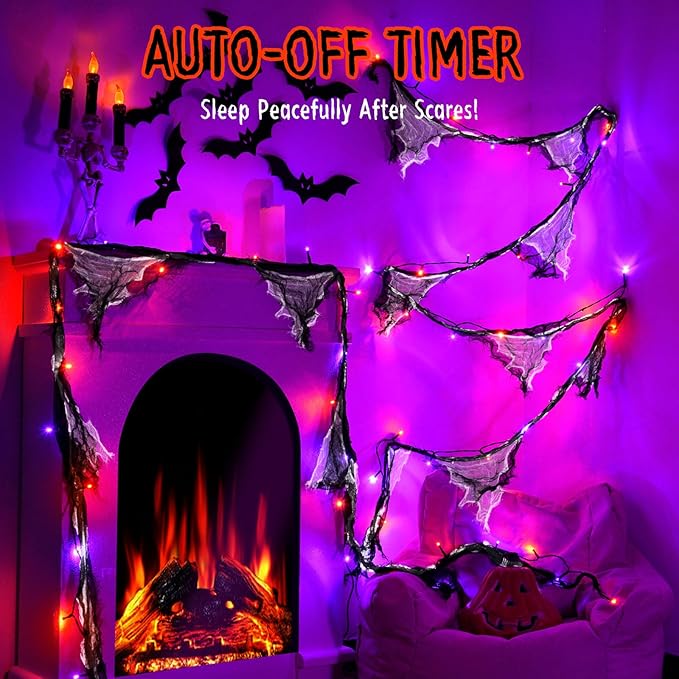 Halloween Lights Battery Operated or USB, Creepy Cloth String Lights with Timer Waterproof 9.8ft 30LED Orange and Purple String Lights Halloween Decortions for Fireplace Window Door Mirror