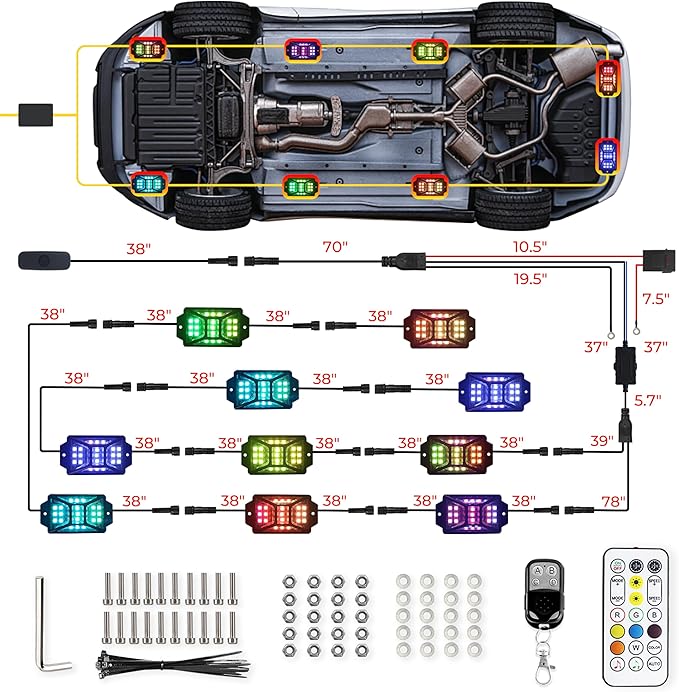 10 Pods Full Angle RGB Rock Lights Compatible with 12V Trucks Jeep UTV SUV ATV Boat Golf Cart, Waterproof Multi-Color, App/Remote Control Led Rock Lights with Music Mode