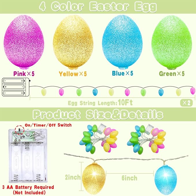 Timer - 2 Pack Easter Lights Easter Decorations, Total 20FT 40LED Easter Egg Light Colorful Waterproof Easter Lights Battery Operated for Indoor Outdoor Home Holiday Hunt Decor, Each 10FT 20LED