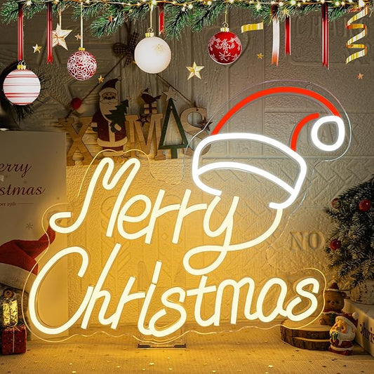 Christmas Neon Sign Merry Christmas Neon Signs for Wall Decor Santa Hat Led Lights Red Light Up for Party Bar Club Hotel Restaurant Shop Store Showcase Backyard Living Room Bedroom Decoration Gifts