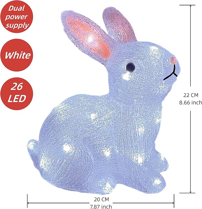 Gloworm YKL-1019, 22CM Acrylic Rabbit Lighting, Garden/Home/Easter Figure Light Up, with 26 White LEDs, 6H Timer, Dual Power Supply USB or Batteries: 3 x AA (Not Included) Bunny Night Light Indoor