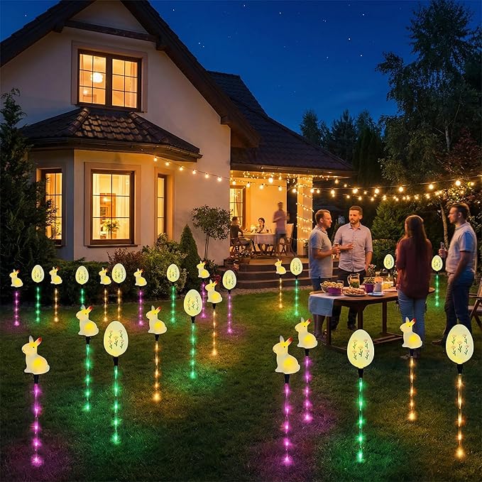 Easter Decorations Solar Pathway Lights, 6pcs Easter Bunny and Egg Lights with 8 Lighting Modes, Outdoor LED Colored Stake Lights for Lawn Yard Porch Patio Decoration (White - Rabbit+Egg)