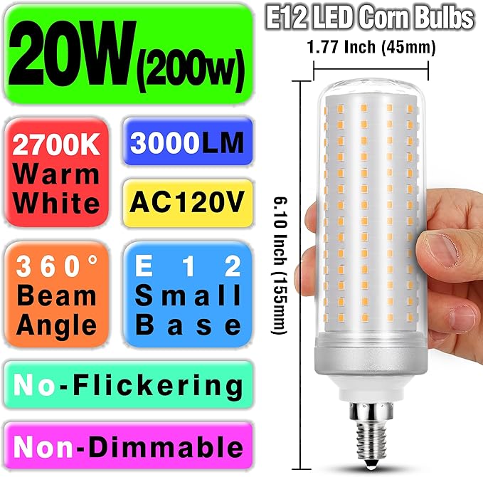 Big Size 1.77x 6.1 inch, E12 200w LED Candelabra Bulbs C7 Replacement,2700K Warm White,3000 Lumen T6 E12 20W LED Chandelier Light Bulbs for Ceiling Fan Pendant Lighting Floor Lamp,Non-dimmable,3 Pack
