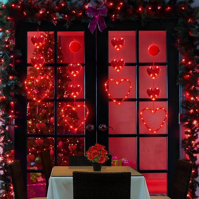 3 Pack Valentines Day Window Lights Decorations with Timer, Battery Powered Hanging Red Lighted Heart Shaped Silhouette Sucker LED Lamp for Fireplace Indoor Home Decor