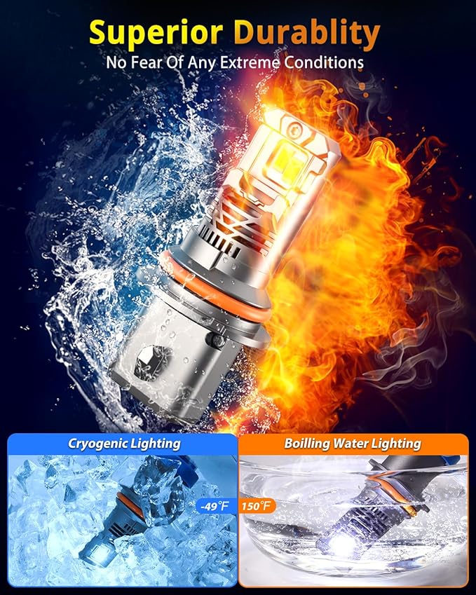 FAHREN New Upgraded 9007 Light Bulbs 50000LM 1000% Ultra Brighter, Real 1:1 Size with Cooling Fan HB5 9007 Light Bulbs, 6500K Cool White IP68 Fog Light, Non-Polarity Easy Install, Pack of 2