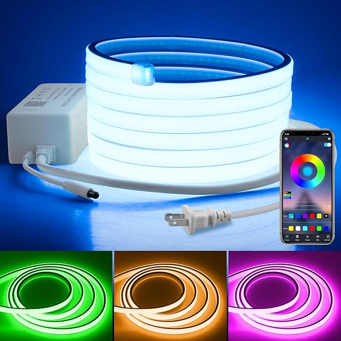 110V Bluetooth RGB COB LED Strip Light 10FT Multicolor Dimmable Flexible LED Lights Strip with Remote Music Sync Outdoor Waterproof RGB Neon COB Rope Light Plug in Color Changing AC 110V~130V IP67