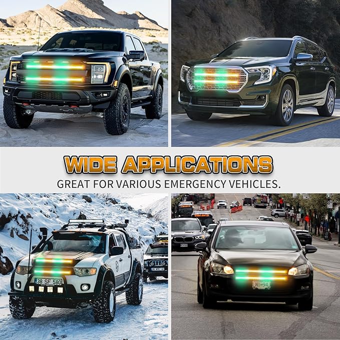 XRIDONSEN 2PCS 24 inch Truck Grill Emergency Lights Strip 288 LED Amber Green Grille Strobe Lights Flashing Warning Safety Waterproof First Responder Lights for Plow Trucks Construction Vehicles