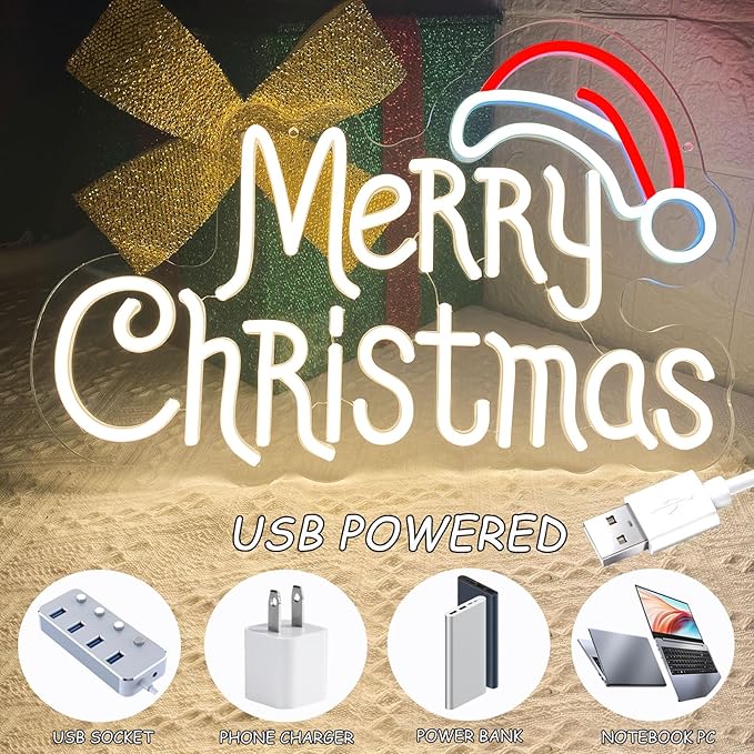 Merry Christmas Neon Signs, Warm White Christmas Neon Light with Santa Hat,USB Powered Dimmable LED xmas Lights Sign for Bedroom Home Living Room Party New Year Festival