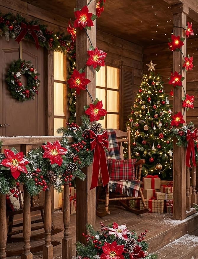 Christmas Red Flower String Lights Plug in, 8.5Ft Red Christmas Decorations Lights Outdoor with 10 LED Flowers Lights, Hanging Flowers Fariy String Lights for Holiday Party Window Home Birthday Decor
