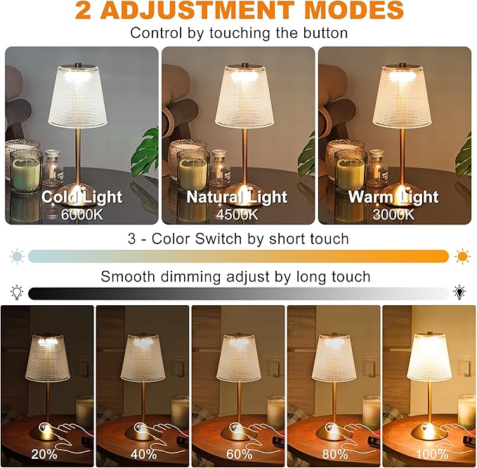 Cordless Table Lamp, 4000mAh Rechargeable Battery Operated Lamp, 3 Color Modes & Stepless Dimmable LED Touch Lamp, Portable Crystal Metal Beside Lamps for Bedroom Restaurant Outdoor(Black)