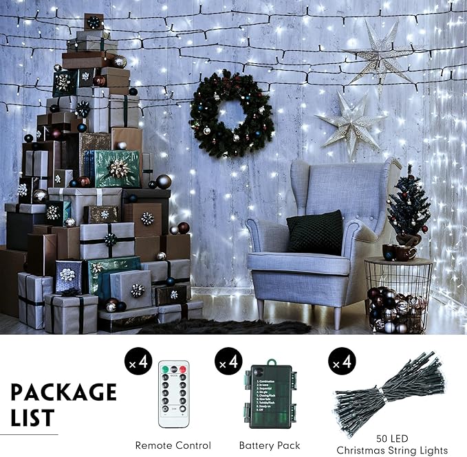 Tuanse 4 Pack Battery Operated Outdoor Christmas Tree String Lights,16.4 ft Mini Light Outdoor Christmas Lights with 50 Led of Dark Green Cable Lighting for Bedroom Garden Yard (White Light)