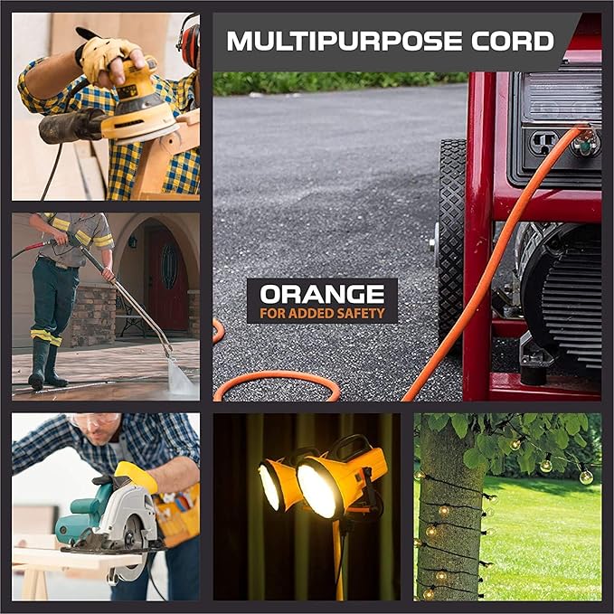 Iron Forge Cable Lighted Outdoor Extension Cord 10 Ft - 10 Gauge Heavy Duty Extension Cord, 15 AMP, 10/3 Orange Power Cable SJTW Weatherproof 3 Prong