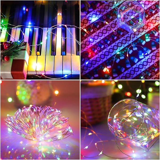 YAOZHOU Christmas Decorations Multicolor Fairy String Lights, Battery Operated with Timer, 2 Pack Total 33FT 100 Led Mini Battery Powered Mason Jar Waterproof Firefly Lights DIY Party