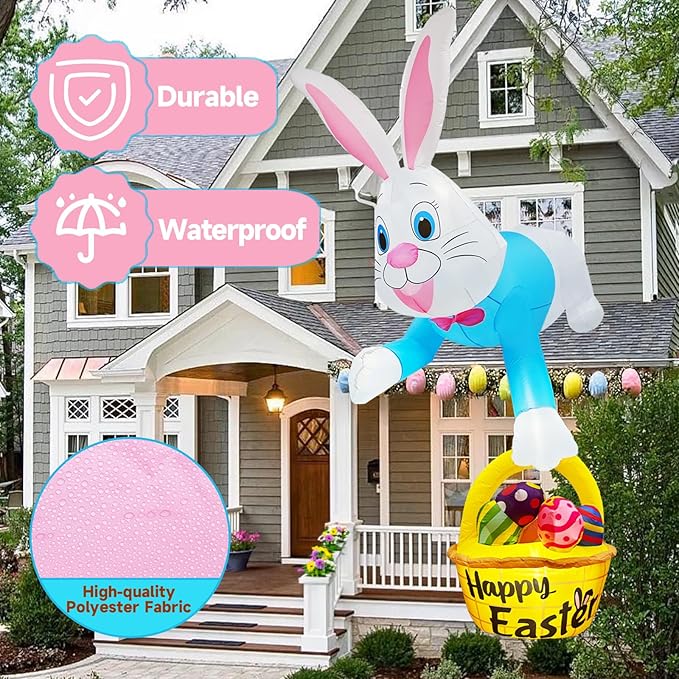 8FT Climbing Easter Inflatables Outdoor Decorations Blue Inflatable Bunny Eggs Decor with LED, Easter Blow Ups for Outside Roof Yard Shop Fence