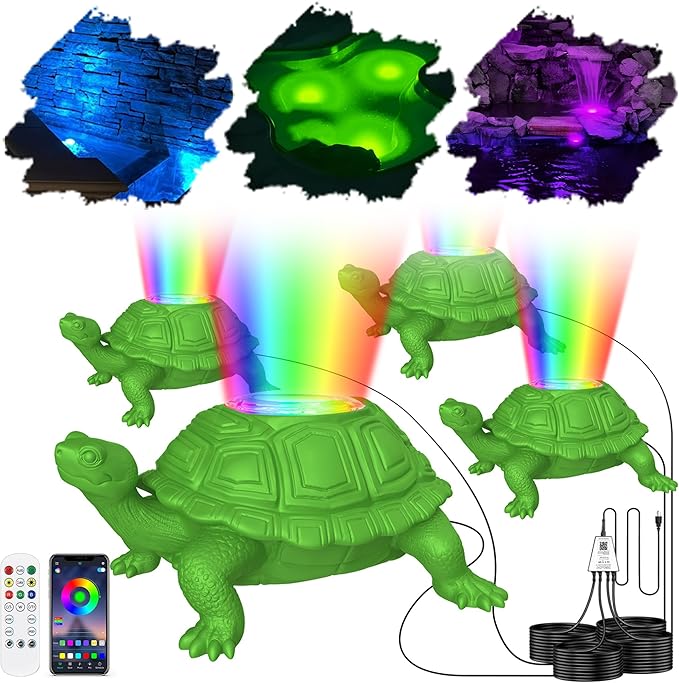 Pond Light LED Underwater with 12V Transformer, 6W Turtle Pond Lights with APP, IP68 Waterproof Fountain Lights with Long Cables for Ponds Fountain Waterfall Yard Water Feature, 4 SpotLights