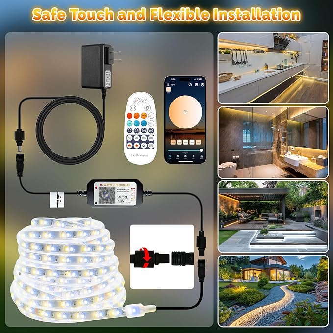 32.8FT Outdoor LED Strip Lights Waterproof IP67, Dimmable 3000K-6500K Warm White LED Rope Lights Outdoor Waterproof with Remote & APP, 24v Adhesive Exterior Lighting for Patio, Deck, Gazebo