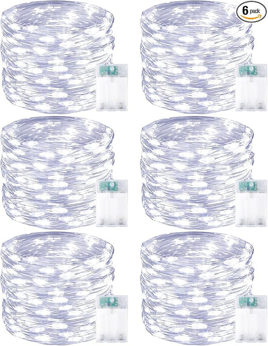 6 Pack Christmas Fairy Lights Battery Operated with Timer, Each 20FT 60LED String Lights Outdoor Indoor, Cuttable Battery Twinkle Light for Bedroom Home Wedding DIY Christmas Decorations (Cool White)