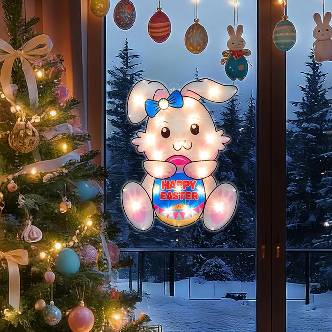 17" 20LED Lighted Bunny Easter Decor - UL Certified, Soft Warm Glow, Window & Hanging Accent, Compact Holiday Ornament, Pretty Gift Box Packed