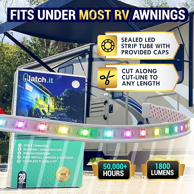 LATCH.IT 12V RV Awning Lights | 20-Foot V2.1 RV Awning LED Light Strip DIY-Kit | RGB RV LED Lights Exterior IP68 Water-Resistant | The Original & Most-Complete Camper Awning Lights in The Market