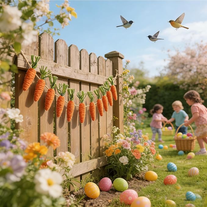 10 FT Artificial Easter Carrot Garland with 15 Carrot Ornaments - Easter Decoration Hanging Banner for Mantel Fireplace Home Kitchen Party Decor